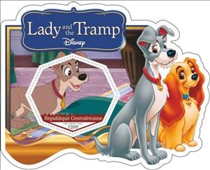 Mini Sheet, Animation, Cartoons Disney Lady and the Tramp, Central African Republic- Illegal Stamps,  
