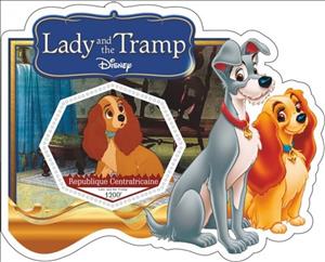Mini Sheet, Animation, Cartoons Disney Lady and the Tramp, Central African Republic- Illegal Stamps,  