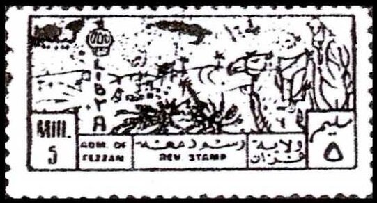 Stamp, Desert scene with camel rider, Fezzan,  , Animals (Fauna), Camels, Crescent (Moon), Deserts, Mammals
