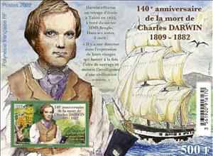 Souvenir Sheet, Charles Darwin, 140th Anniversary of Death, French Polynesia,  , Biologists, Fruits, Landscapes