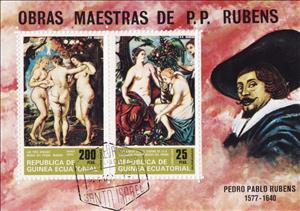 Souvenir Sheet, The Three Graces and Three Nymphs with a Cornucopia, Equatorial Guinea,  , Paintings, Painters, Art, Nudes