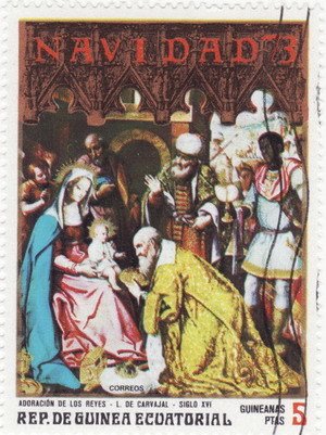 Stamp, L. de Carvajal: Adoration of the Magi, Equatorial Guinea,  , Biblical Accounts, Christmas, Paintings, Religion, Art