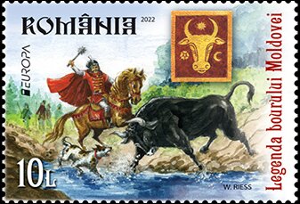 Stamp, Legend of the Moldovan Ox, Romania,  , Bulls and Cows, C.E.P.T. / Europe, Cattle, Dogs, Horses, Legends