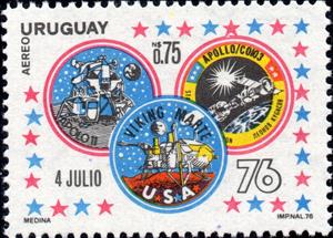 Stamp, Apollo 11, Apollo-Soyuz, and Viking Emblems, Uruguay,  , Outer Space, Space Traveling, Spacecrafts