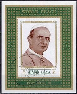 Souvenir Sheet, Pope Paul VI (1897-1978), Ajman,  , Clergy, Famous People, Religion