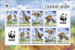 Mini Sheet, Arabian Bustard (Ardeotis arabs) - Light Blue Overprint, Chad,  , Animals (Fauna), Birds, WWF