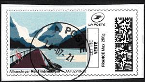 Stamp, Bicycle on a bridge in the mountains, France,  , Bicycles, Bridges, Cycling, Lakes, Mountains