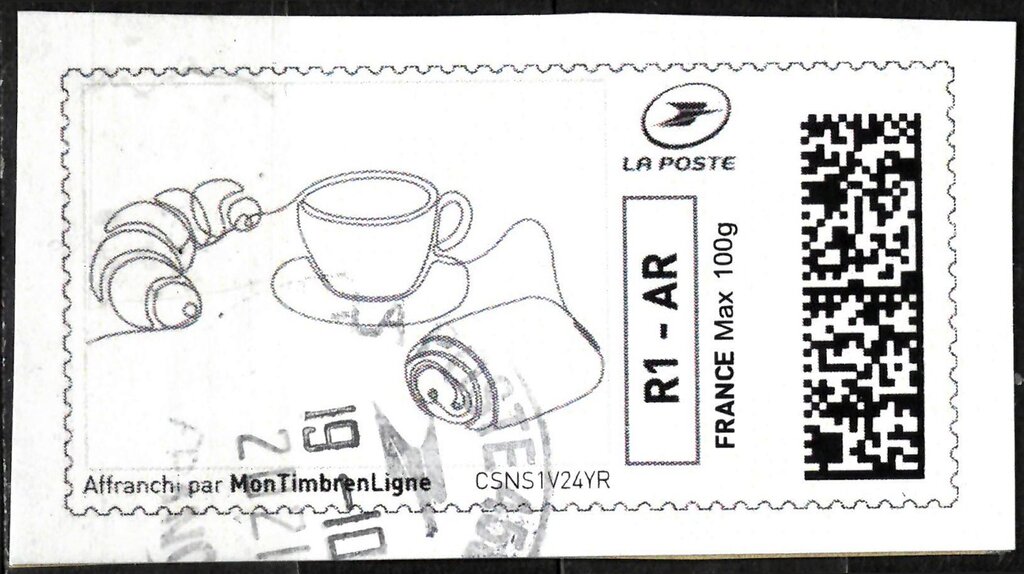 Croissant, cup and saucer, chocolate bun