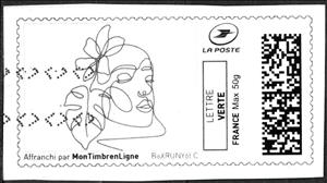 Stamp, Monstera Leaf and Woman's head with a big bow in her hair, France,  , Faces, Fashion, Leaves