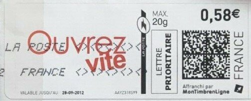 Stamp, Ouvrez Vite Open Quickly in red, France,  , Letters (Alphabet)