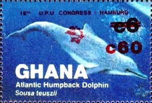 Stamp, Atlantic Humpbacked Dolphin (Sousa teuszii) - overprinted, Ghana,  , Animals (Fauna), Dolphins, Sea (Marine) Mammals, Sea Life