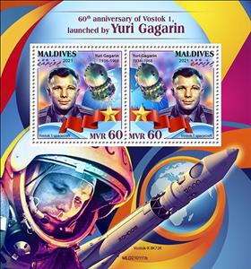 Souvenir Sheet, 60th Anniversary of Vostok 1, Launched by Yuri Gagarin, Maldives,  , Astronauts, Outer Space, Space Traveling, Spacecrafts