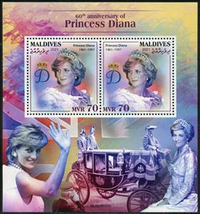 Souvenir Sheet, 60th Birth Anniversary of Princess Diana, Maldives,  , Princesses, Royalty