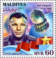 Stamp, Yuri Gagarin and Vostok 1, Maldives,  , Astronauts, Men, Outer Space, Space Traveling, Spacecrafts