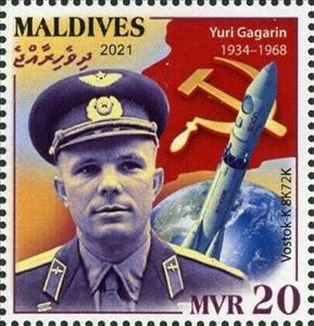 Stamp, Yuri Gagarin and Vostok-K 8K72K, Maldives,  , Astronauts, Men, Outer Space, Space Traveling, Spacecrafts