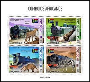 Mini Sheet, African Trains, Mozambique,  , Locomotives, Railways