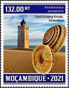 Stamp, Clear Sundial (Architectonica perspectiva), Mozambique,  , Lighthouses, Shells