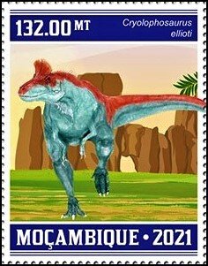 Stamp, Cryolophosaurus ellioti, Mozambique,  , Dinosaurs, Prehistorical Animals