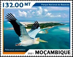 Stamp, Pelecanus onocrotalus, Mozambique,  , Animals (Fauna), Birds, National Parks