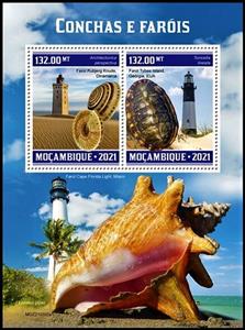 Souvenir Sheet, Rubjerg Knude - Denmark/Tybee Island (Georgia) - USA, Mozambique,  , Lighthouses, Shells
