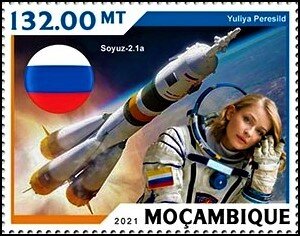 Stamp, Yuliya Peresild/Soyuz-2.1a, Mozambique,  , Astronauts, Outer Space, Space Traveling, Spacecrafts, Women