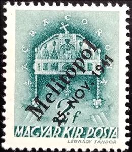 Stamp, Crown of St. Stephen - overprinted Melitopol 25. Nov. 1941, Ukraine, Hungarian Occupation in WWII,  , Crowns and Coronets