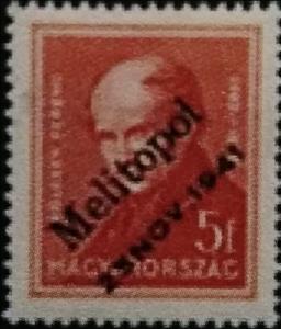 Stamp, Ferenc Kölcsey - overprinted Melitopol 25. Nov. 1941, Ukraine, Hungarian Occupation in WWII,  , Authors, Famous People, Literary People (Poets and Writers), Men