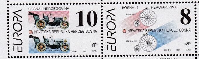 Se-tenant, Oldtimer Bycicle and Car, Bosnia and Herzegovina, Croatian Admin,  , Bicycles, C.E.P.T. / Europe, Cars