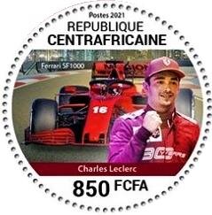 Stamp, Charles Leclerc, Central African Republic,  , Famous People, Formula One, Motor Racing, Racing Drivers, Round Stamps