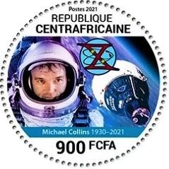 Stamp, Michael Collins, Central African Republic,  , Astronauts, Famous People, Outer Space, Round Stamps, Space Traveling, Spacecrafts