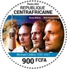 Stamp, Michael Collins, Neil Armstrong and Buzz Aldrin, Central African Republic,  , Astronauts, Famous People, Outer Space, Round Stamps, Space Traveling, Spacecrafts