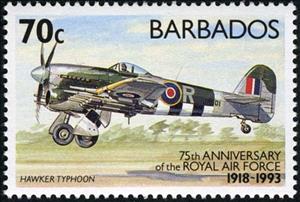 Stamp, Hawker Typhoon, Barbados,  , Aviation, Air Forces, Aircrafts