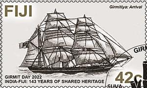 Stamp, Arrival : Ship Carrying First Indian Laborers to Fiji, Fiji,  , Immigrants, Sailing Ships, Ships