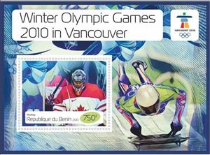 Souvenir Sheet, Sport Winter Olympic Games 2010 in Vancouver, Benin,  , Ice Hockey, Luge, Olympic Games, Sports, Winter Sports