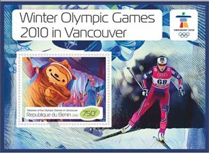Souvenir Sheet, Sport Winter Olympic Games 2010 in Vancouver, Benin,  , Mascots, Olympic Games, Skiing, Sports, Winter Sports