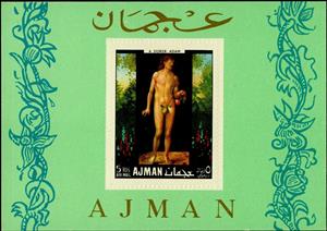 Souvenir Sheet, Adam, by Albrecht Dürer, Ajman,  , Art, Nudes, Paintings, Religion