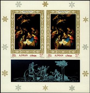 Souvenir Sheet, Adoration of the shepherds, by Gerard van Honthorst, Ajman,  , Art, Christmas, Paintings, Religion
