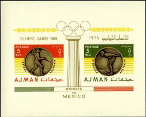 Souvenir Sheet, Gold Medals, Mexico Olympic Games, Ajman,  , Athletes, Medals and Marks of Honour, Olympic Games, Sports