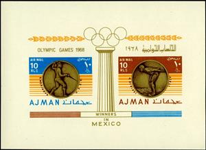 Souvenir Sheet, Gold Medals, Mexico Olympic Games, Ajman,  , Athletes, Fencing, Medals and Marks of Honour, Olympic Games, Sports, Swimming
