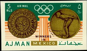 Stamp, Swimming: Klaus Dibiasi, Italy, Ajman,  , Athletes, Medals and Marks of Honour, Olympic Games, Sports, Swimming
