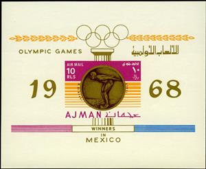 Souvenir Sheet, Swimming: Klaus Dibiasi, Italy, Ajman,  , Athletes, Medals and Marks of Honour, Olympic Games, Sports, Swimming