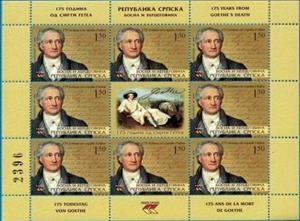 Mini Sheet, J. W. von Goethe by Karl Joseph Stieler, Bosnia and Herzegovina, Serbian Admin,  , Anniversaries and Jubilees, Famous People, Literary People (Poets and Writers), Painters, Paintings