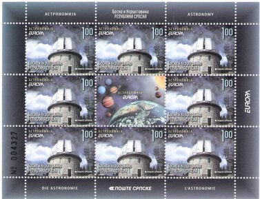Mini Sheet, Observatory, Bosnia and Herzegovina, Serbian Admin,  , Astronomers, Astronomy, C.E.P.T. / Europe, Globes, Planets, Stars