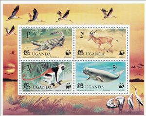 Souvenir Sheet, Protected Wild Animals - MiNo. 167-70, Uganda,  , Mammals, WWF, Sea (Marine) Mammals, Antelopes, Crocodiles, Monkeys, Animals (Fauna)