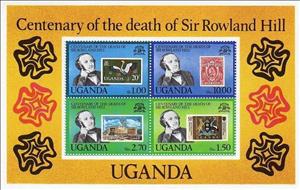 Souvenir Sheet, Death Centenary of Sir Rowland Hill, Uganda,  , Postal Services, Birds, Stamps, Birds of Prey, Postal History, Animals (Fauna), Cranes (Birds)