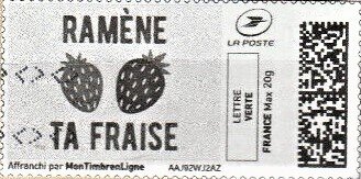 Stamp, Bring your Strawberry. Ramene ta Fraise in black, France,  , Fruits, Languages, Plants (Flora)