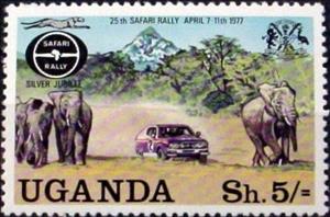 Stamp, Car, Elephants and Mt. Kenya, Uganda,  , Mammals, Cars, Elephants, Carsports, Mountains, Animals (Fauna)