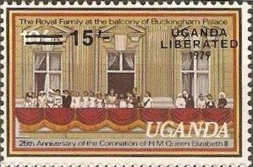 Stamp, Royal Family on the Balcomy of Buckingham Palace, Uganda,  , Heads of State, Royalty, Queens