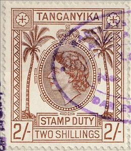 Stamp, Queen Elizabeth II, Tanganyika,  , Crowns and Coronets, Famous People, Heads of State, Palm-trees, Queens, Royalty, Trees, Women