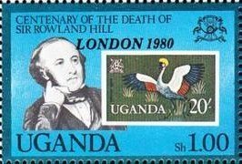 Stamp, Sir Rowland Hill & Stamp MiNr. 100, Uganda,  , Postal Services, Birds, Stamps, Philatelic Exhibitions, Postal History, Animals (Fauna), Cranes (Birds)